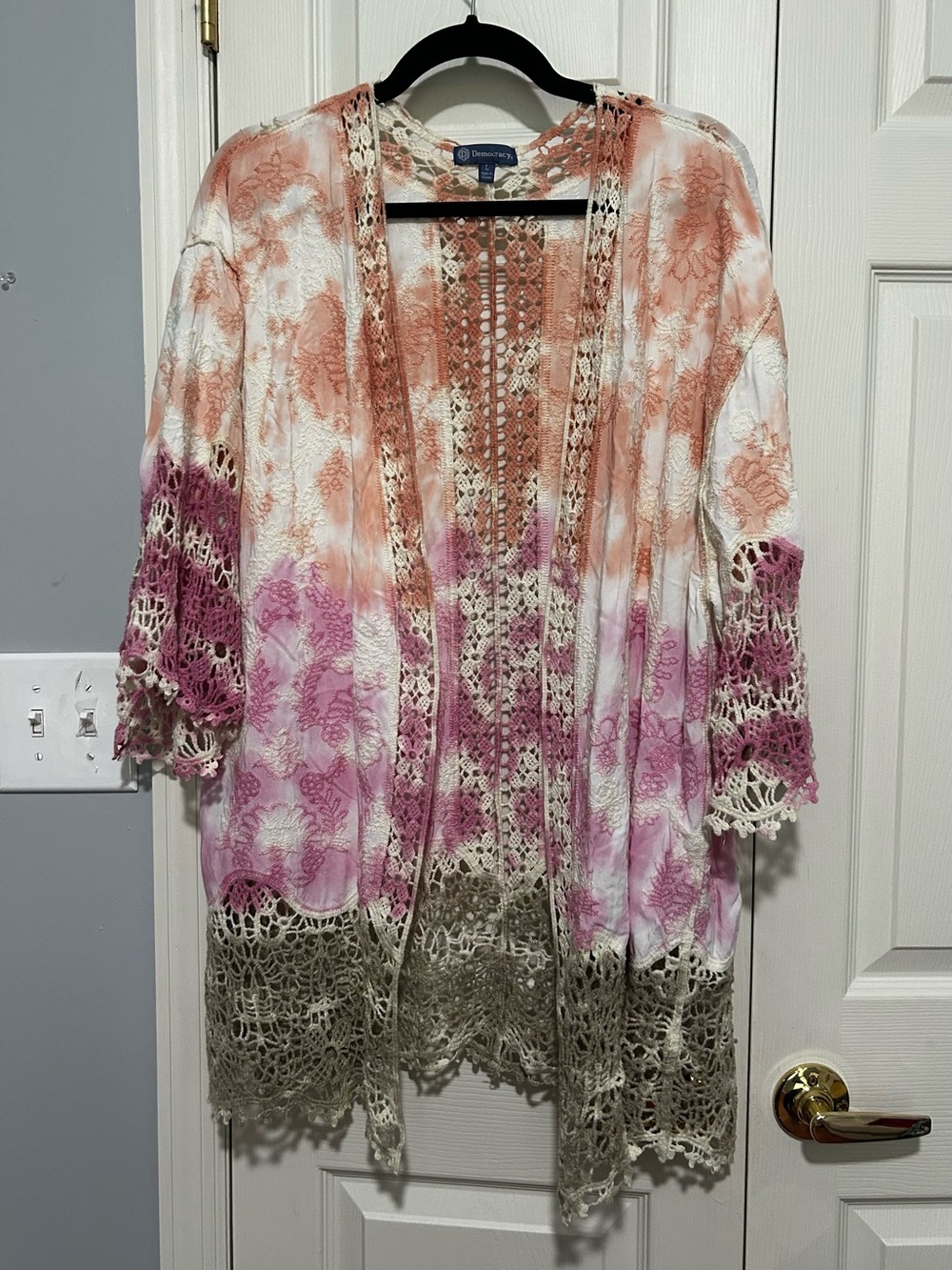 Democracy Peach & Cream Crochet Tie-Front Kimono